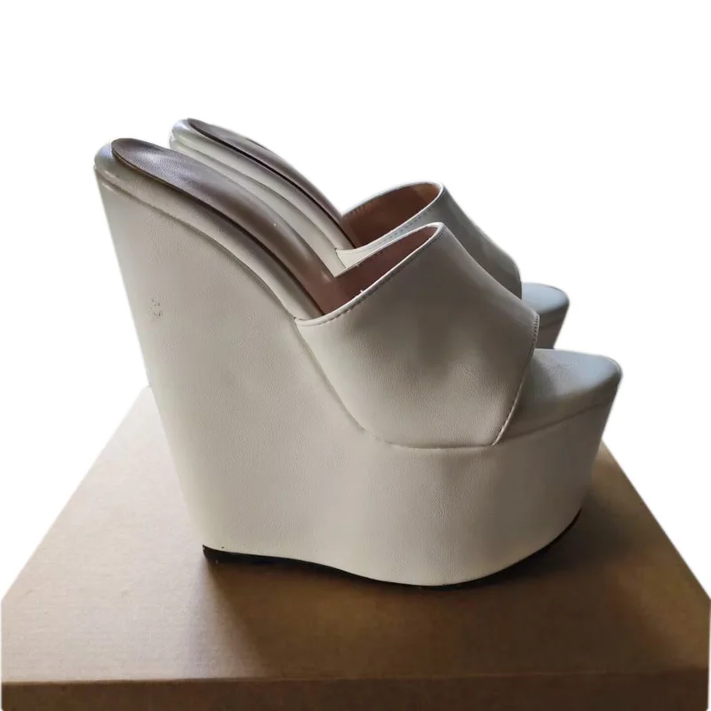 DIZHUANG shoes Sexy women's high-heeled slippers. About 15cm heel height. Wedges slippers. White slippers. Summer women's shoes.