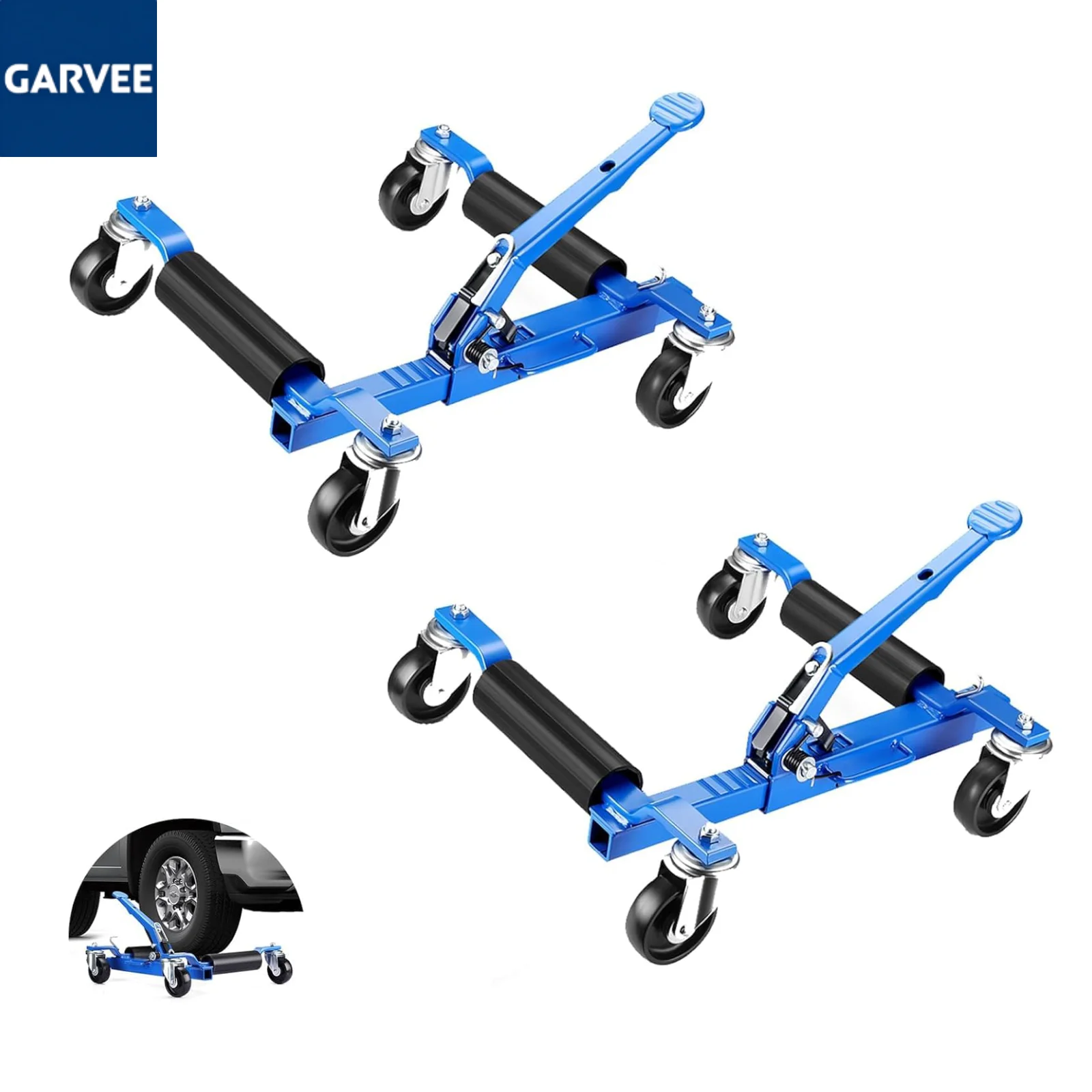2PCS 1500 lb Heavy-Duty Mechanical Car Wheel Dolly Set - Ratcheting Foot Pedal - 360° Swivel Casters - Twin Rollers