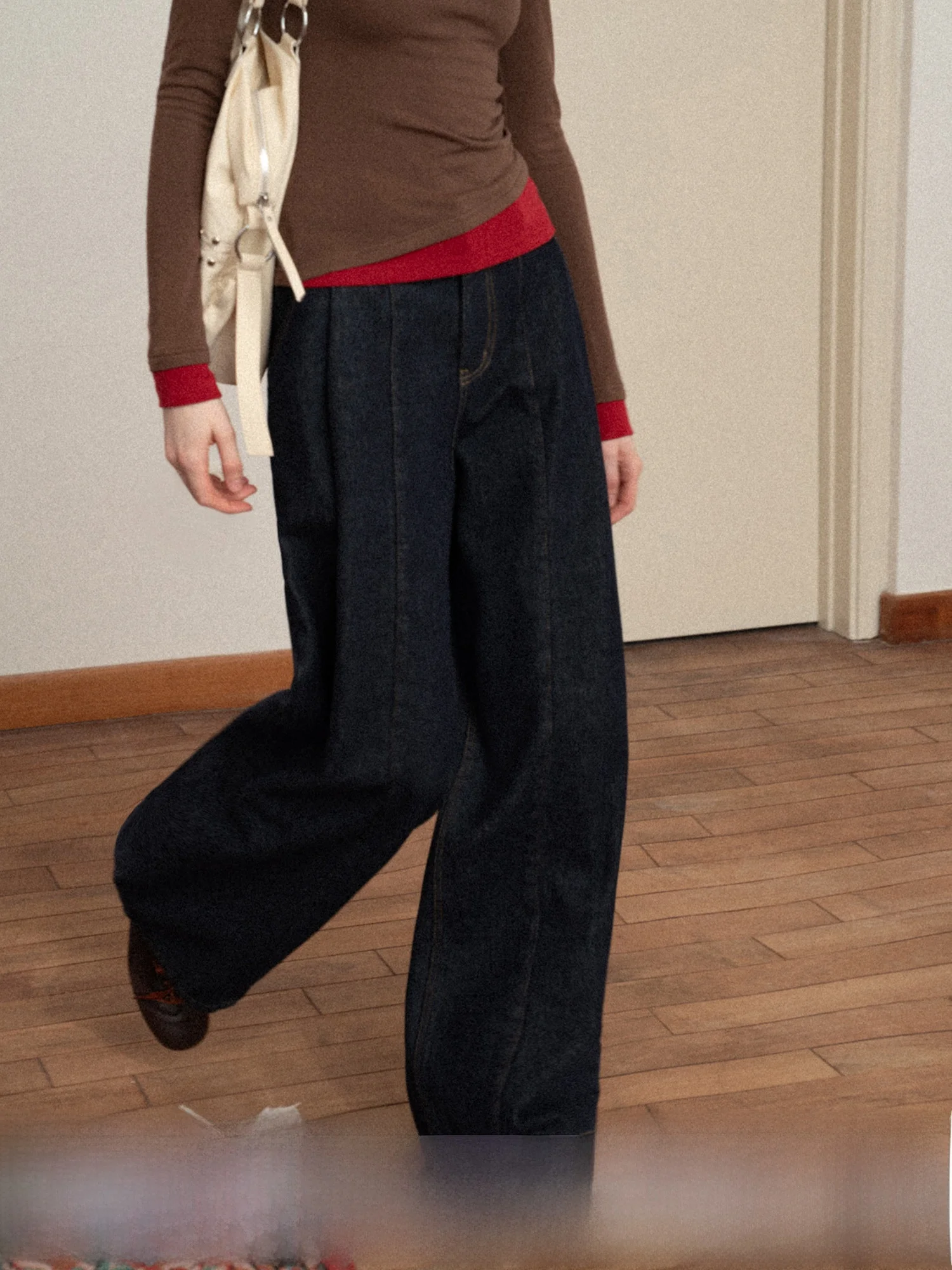 

High Waist Wide Leg Fleece Lined Loose Casual Jeans Women's Design Warm Eggka Straight Cut Denim Pants Autumn Winter Fashion