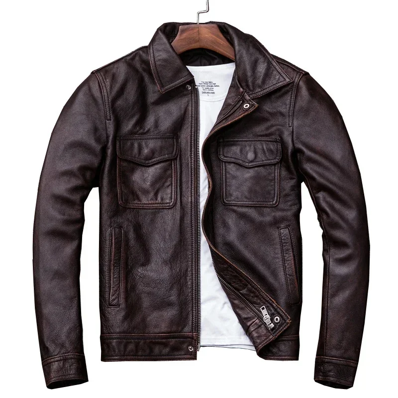 2025 New Brown Red Vintage Genuine Leather Jacket Men 100% Cowhide Natural Jackets Man Autumn Clothing Coat