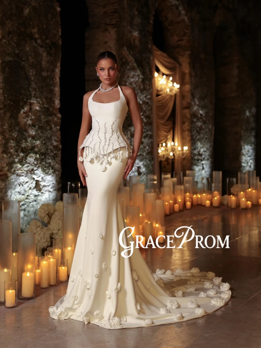 Romantic 3D Flowers Wedding Dress Flowing Satin Mermaid Customized Bridal Gown Elegant Corset Pearls Delicate Bride Wear