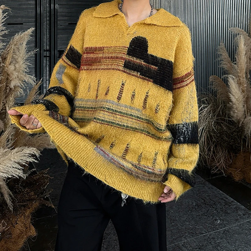 أنيق رجالي التباين اللون البلوزات الخريف الشتاء في الهواء الطلق عادية كم طويل التلبيب متماسكة لاعبا الرجال Vintage قميص بولو متماسكة #5