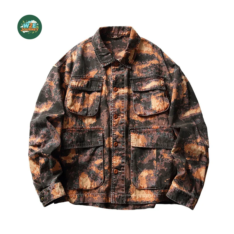 

W2EJOURNEY EU US Size Top Quality Vintage Tie Dye Wash Multi-Pocket Workwear Jacket Loose Fit Casual Coat Unisex Camo Jacket
