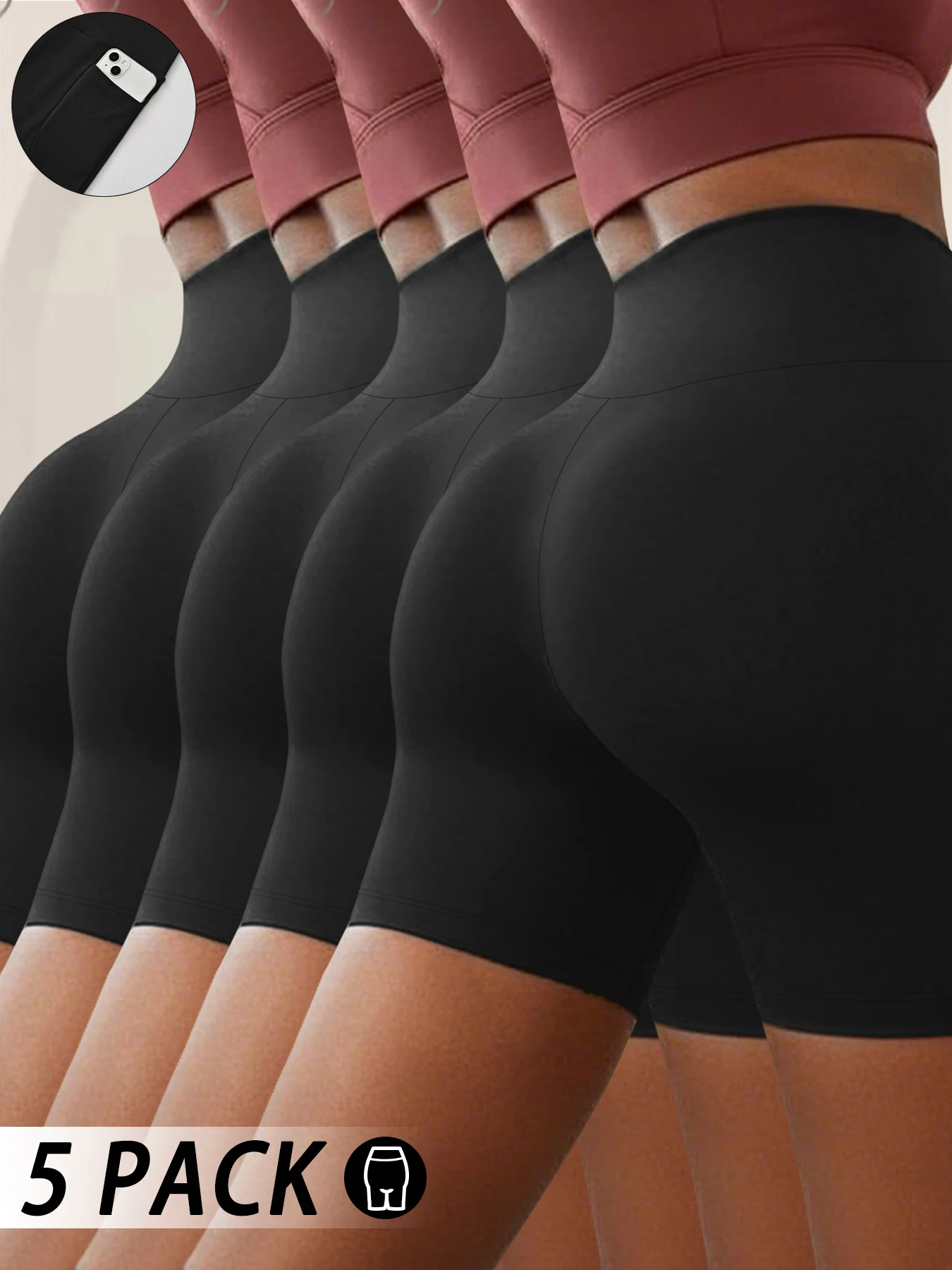 

5 штук женских спортивных шорт с карманами. Высота талии 5 дюймов. Сверхмягкие, с эффектом утягивания живота, непрозрачные.
