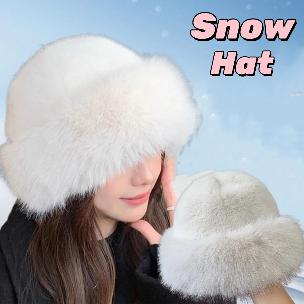 Fashion Fluffy Fur Bucket Hat For Women Winter Warm White Plush Fisherman Hat Cold Snowy Day Panama Cap Ear Protection Cap Gifts