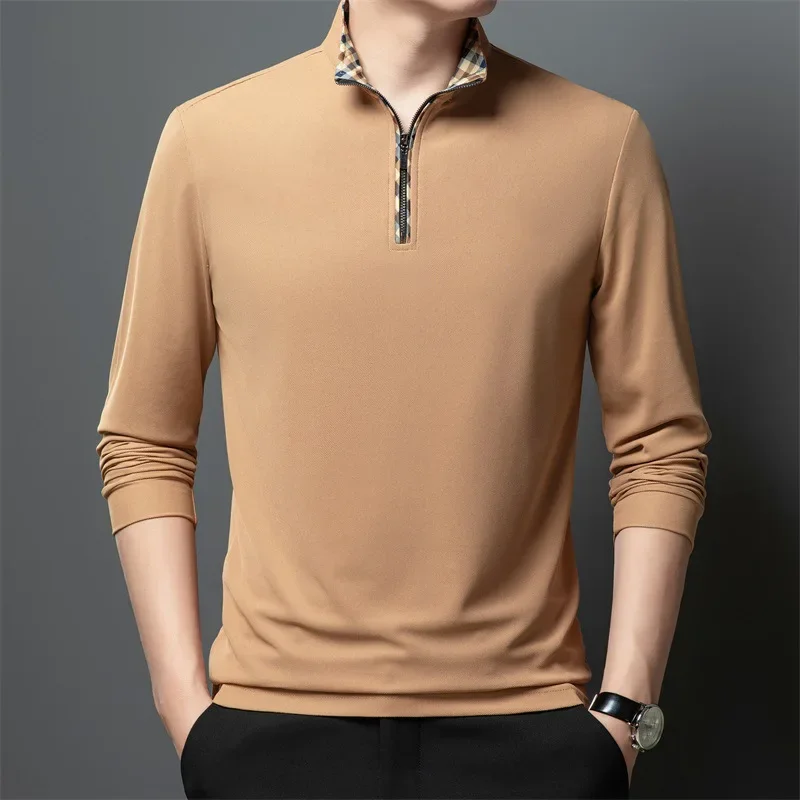 

Футболка с длинными рукавами, мужской свитер, новинка осени 2024, однотонная повседневная рубашка с воротником-стойкой и полумолнией, мужская футболка