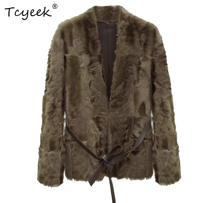 Tcyeek Genuine Wool Autumn Winter High End Trendy Wear V-neck Milk Coffee Tie on Both Sides Women's Wool Shearling Fur Coat