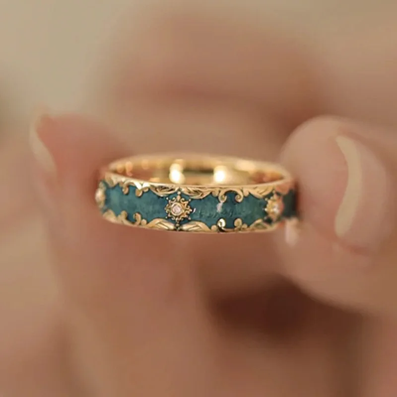 

New Adjustable Enamel Pattern Peacock Green Zirconia Vintage Light Luxury Ring for Index Finger