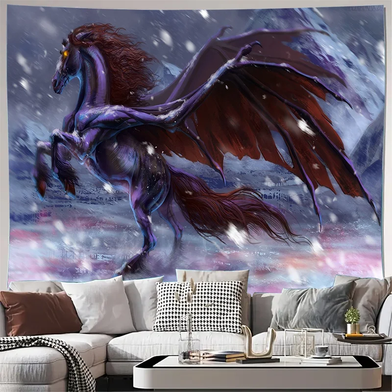 Fantasy Winged Horse Purple Dragon Hybrid Snow Storm Wall Tapestry Machine Washable All Season Decor Print Elevate Your Space