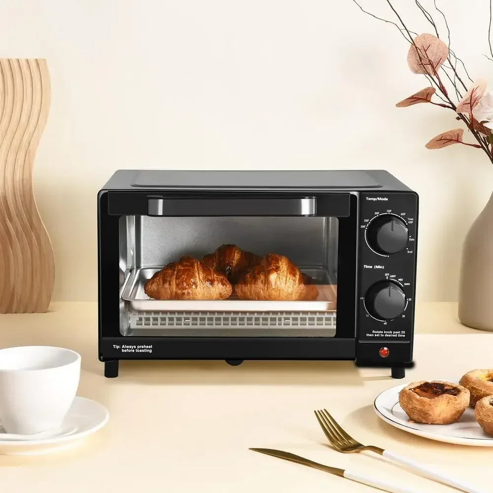 4 Slice Toaster Oven Bake Broil & Toast 9-inch Pizza or 4 Bread Slices Quartz Heating Elements 60 Minute Timer 1050W Power