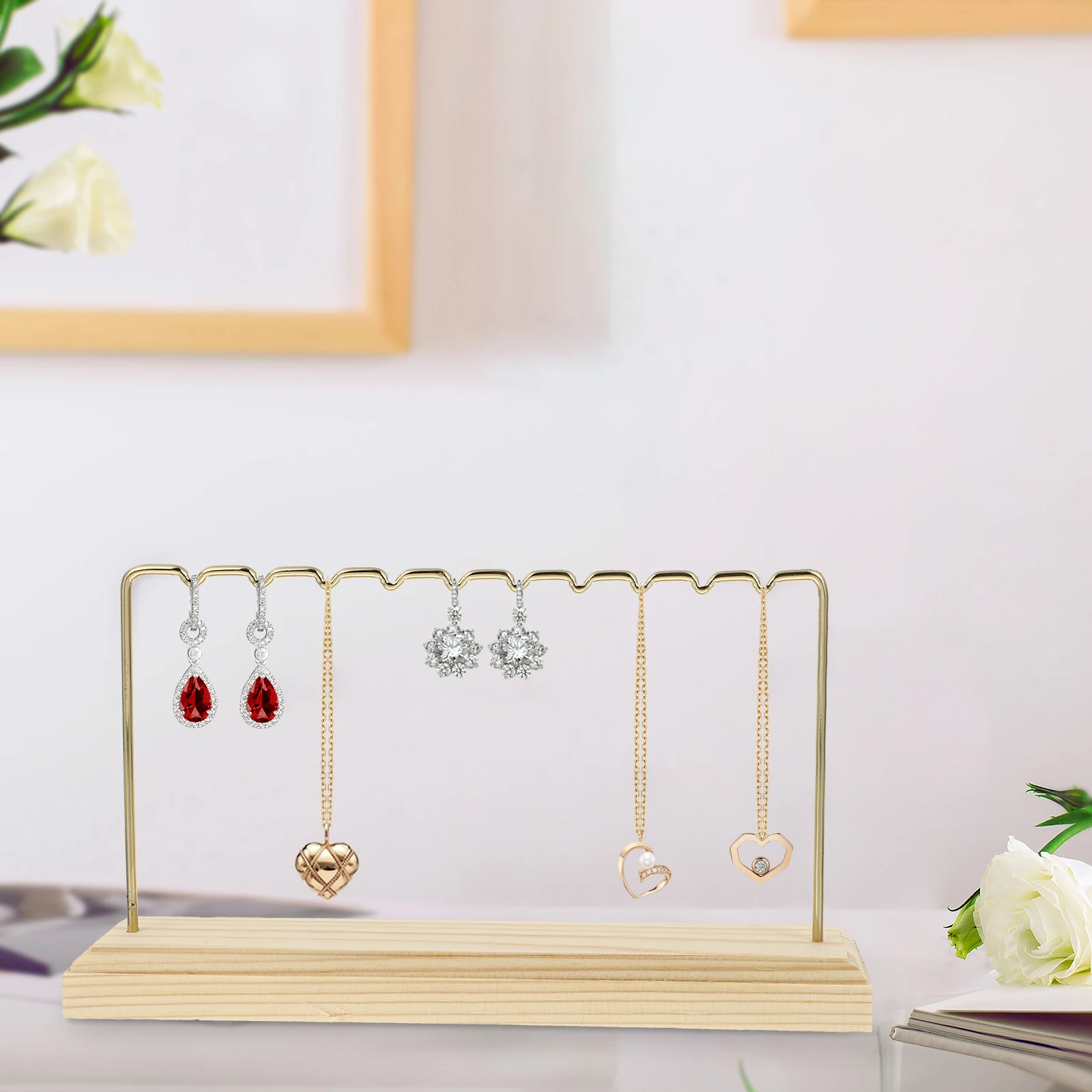 

Earring Display Stand Wood Gold Sturdy Base Jewelry ganizer Holder Prevents Misplacing Decorative Table Bedside Modern