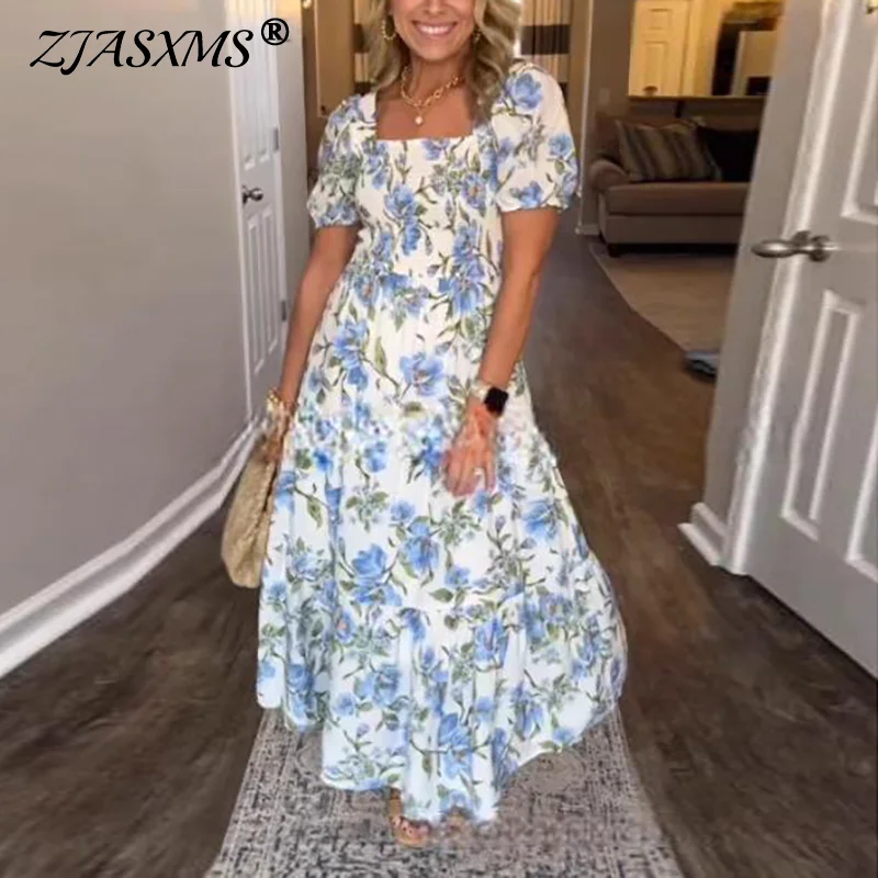

2025 New Woman Floral Print Casual Long Dresses Sexy Square Collar High Waist Party Dress Summer Short Sleeve Boho Holiday Dress