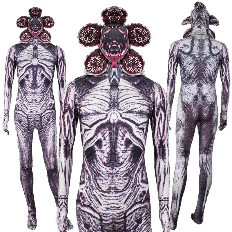 XXS-XXXL Skeleton Bodysuit Tight Men Halloween Costume Scary Demon Monster Cannibals Headgear Show Dress Up Horror Cosplay Kids