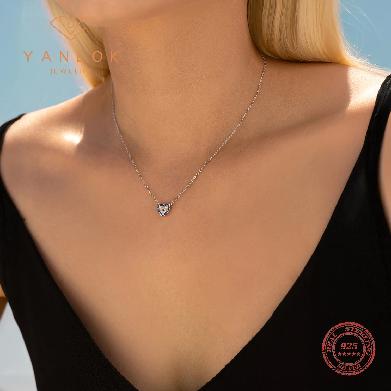 YANLOK 925 Sterling Silver Trendy Heart Sparkling Zirconia Link Chain Pendant Necklaces For Women Fine Jewelry