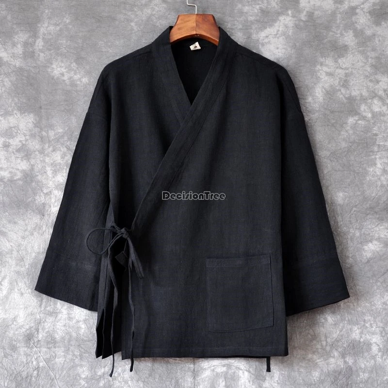 

2025 весенне-осенний улучшенный костюм ханьфу в китайском стиле из хлопка и льна, чай дзен, даосский халат, мужской национальный костюм с перекрестным воротником, пальто Тан