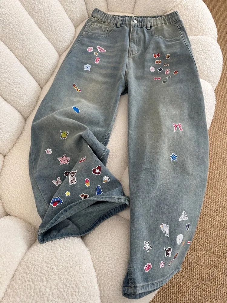 

American Cartoon Stier Print Wide Leg Jeans Men's Women's Cleanfit Design Straight Cut Jeans Casual Youth Faion