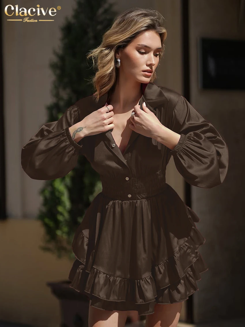 Clacive mode ample rose Satin femmes robe 2025 décontracté revers à manches longues Mini robes élégant classique plissé femme robe