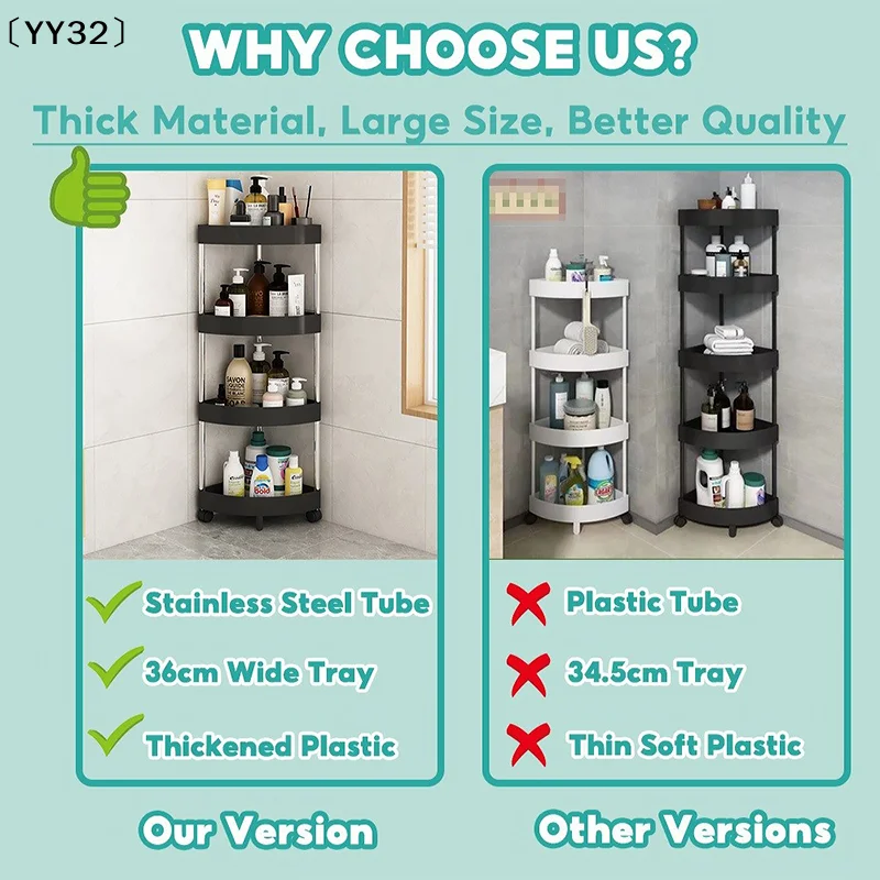 Stainless Steel 2/3/4/5 Layers Home Organizer Rack Bathroom Corner Shelf With Wheel Bedroom Toiletries Storage Rack〔YY32〕