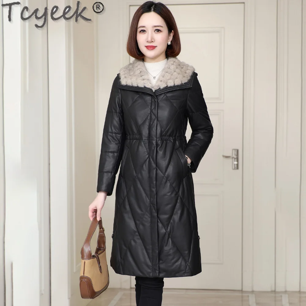 Tcyeek Genuine Leather Jacket Women Winter Clothes Warm Goose Down Jackets Long Sheepskin Coat for Woman Real Mink Fur Collar