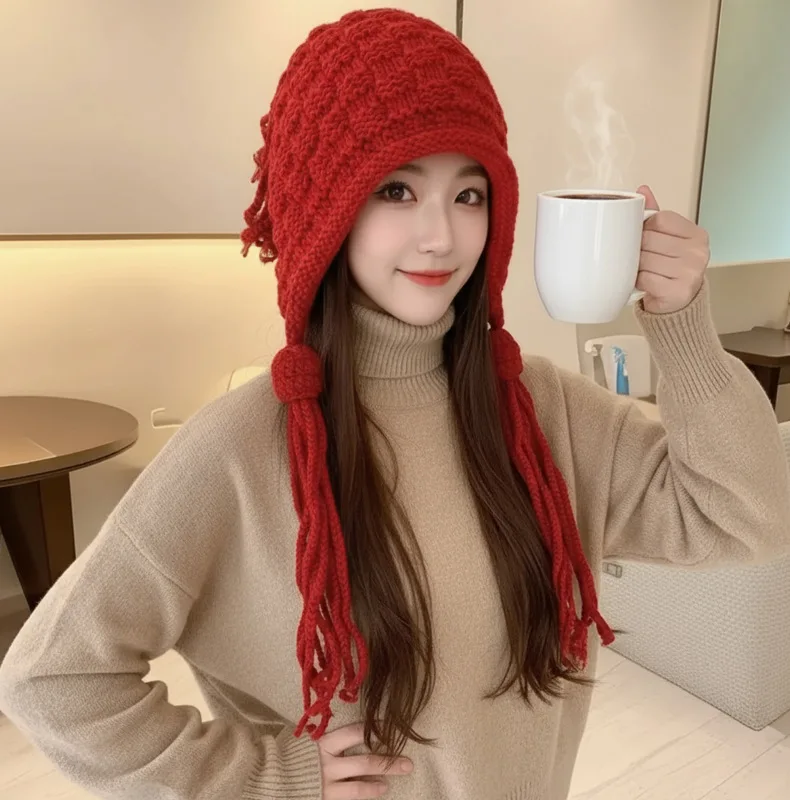 Unisex Winter Chunky Knit Ear Flap Hat Long Tassel Thermal Warm Beanie Cap Outdoor Ski Cycling Hat for Men Women Multiple Colors view 4