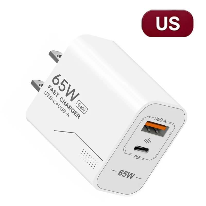 65W snellader voor iPhone 18, 17, 16 Pro Max, Samsung, Xiaomi, PD-lader, 2-poorts GaN-lader, USB-C-lader, draagbare telefoonlader.