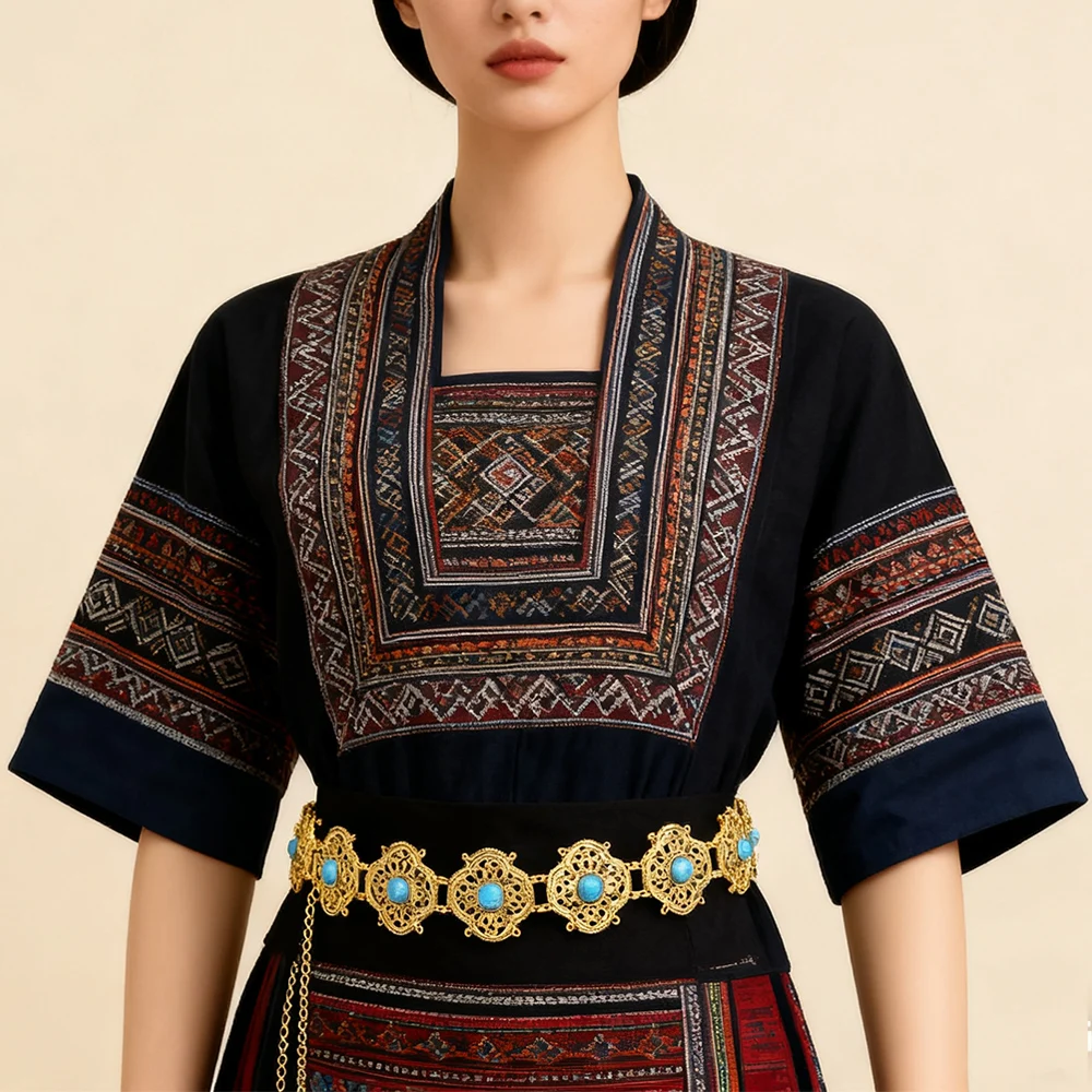 Bohemian Ethnic Turquoise Hollow Geometry Waist Chain for Women Kurdish India Turkey Female Body Jewelry Belt Accessory Gift
