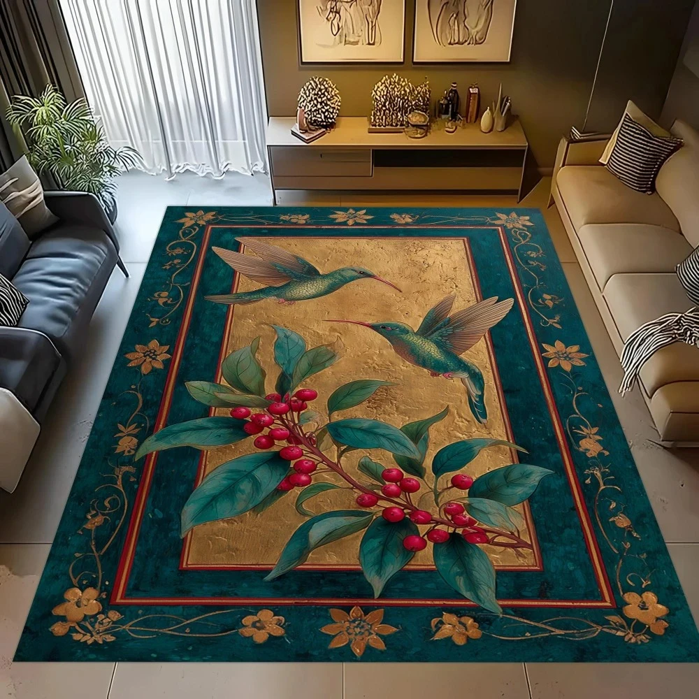 Retro Hummingbird Red Berry Floral Frame Print Rug,living Room Lounge,sofa Zone,entry Hallway Entry DoorMat,NonSlip Rug,gifts