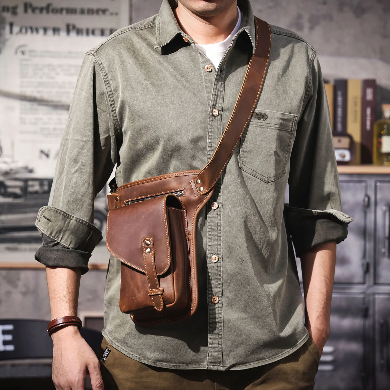 Vintage Herren Echtes Leder Taille Tasche Casual Schulter Taschen Top Schicht Rindsleder Outdoor Handy Holster Crazy Horse Leder – Detail 4