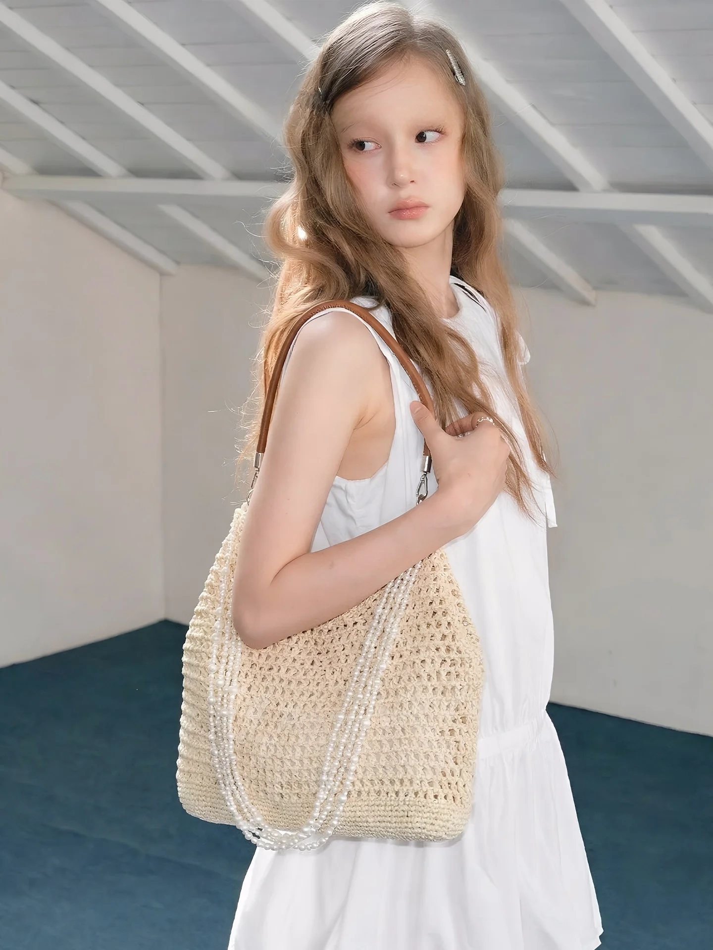

Vacation Style Handcrafted Beaded Tote Bag Women's Shoulder Bag Orange Girl Knitted Bag Soft Fabric Large Size Casual Bag