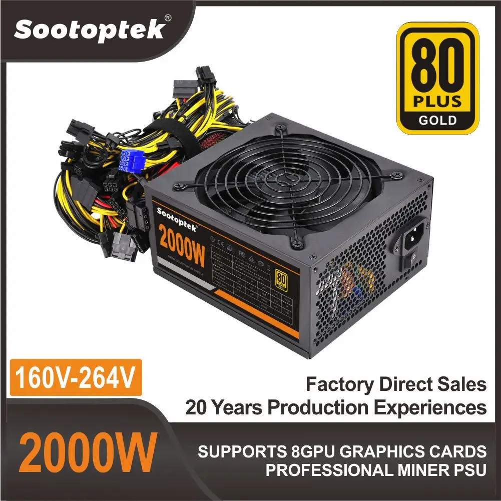 

2000W Power Supply 160V-264V ATX Double Pin8 Gold Mining PSU For BTC ETH Rig Ethereum Machine Support 8 Display Cards