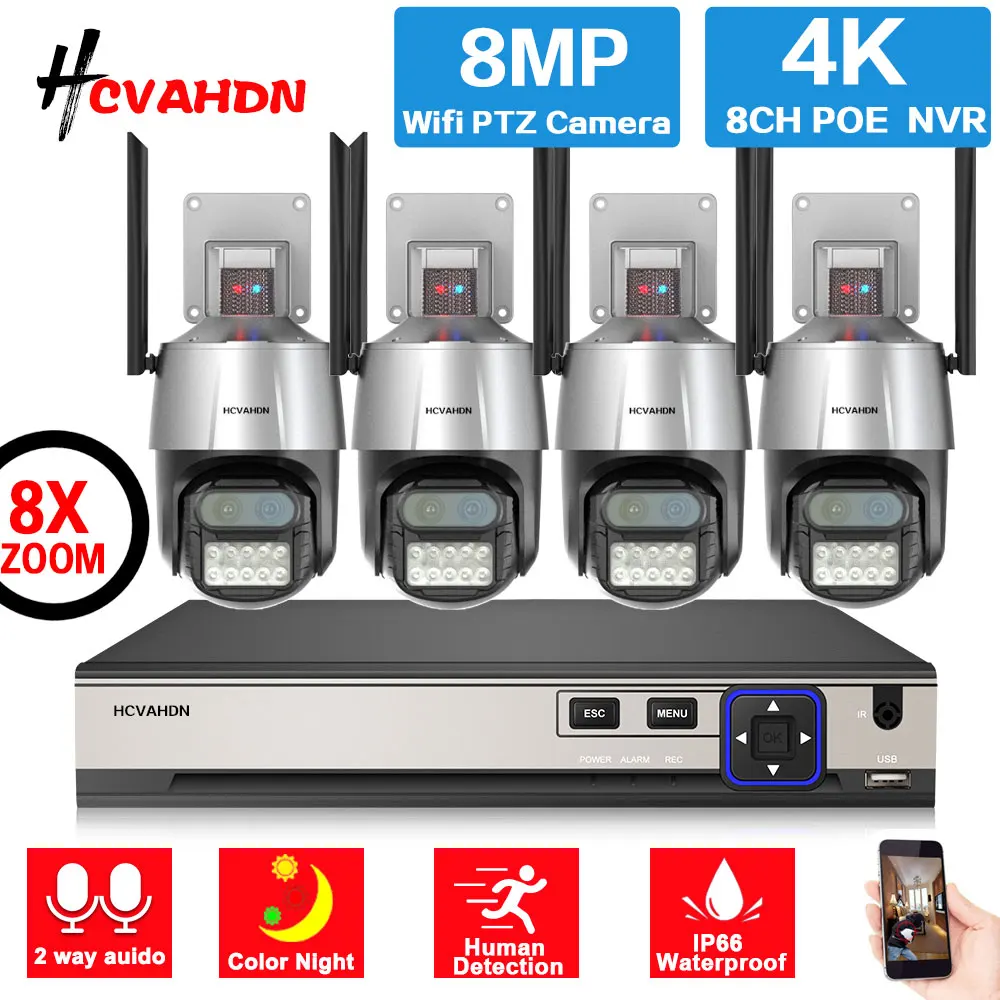 

4CH 4K CCTV Camera Security System Kit P2P Color Night Vision 8X Zoom Wifi Surveillance Camera with 8MP 8CH POE NVR System XMEYE