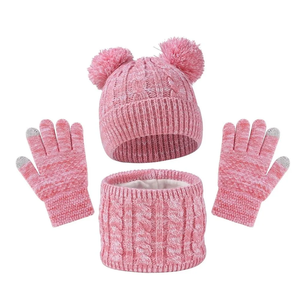 

Cute Pompom Baby Hat Scarf Gloves Set Warm Ears Thickened Toddler Knitted Hats Keep Warm with Velvet Hat Set Autumn Winter