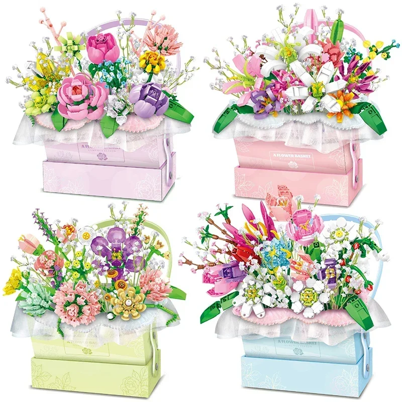 

DIY Flower Basket Building Blocks Handheld Bouquet Lights Rose Eternal Flowers Immortal MOC Assembly Bricks Kids Toys Girl Gifts