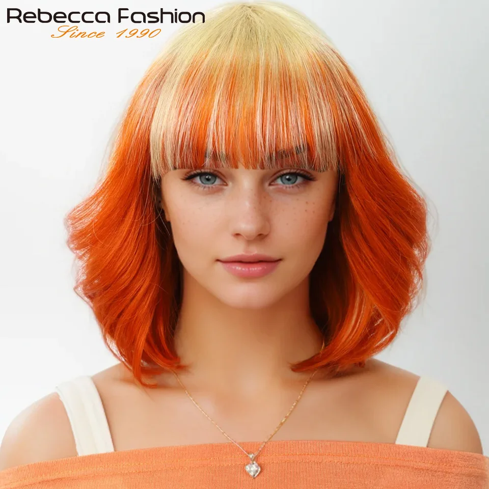 Rebecca 613 Blonde Bob With Highlight Orange Bangs 100% Human Hair Wigs For Women Queen Virgin Remy Hair Full Machine Made Wigs