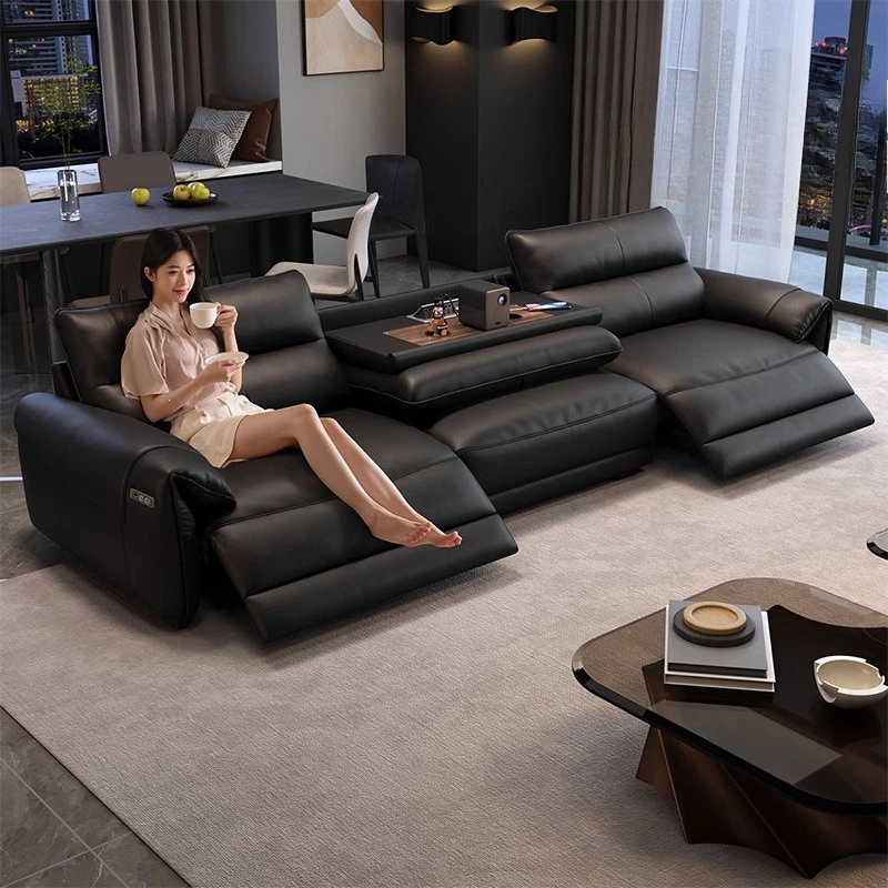 Factory Direct 2026 Minimal small apartment living room first layer cowhide first class space capsule straight row leather sofa