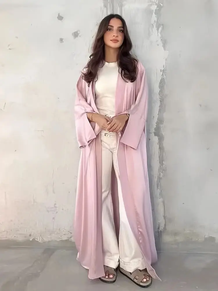 Girl Muslim Palestine Kaftan Dress Open Satin Kimono Pink Abaya Women Dubai Clothing Kebaya Robe Caftan Marocain Femme Musulmane