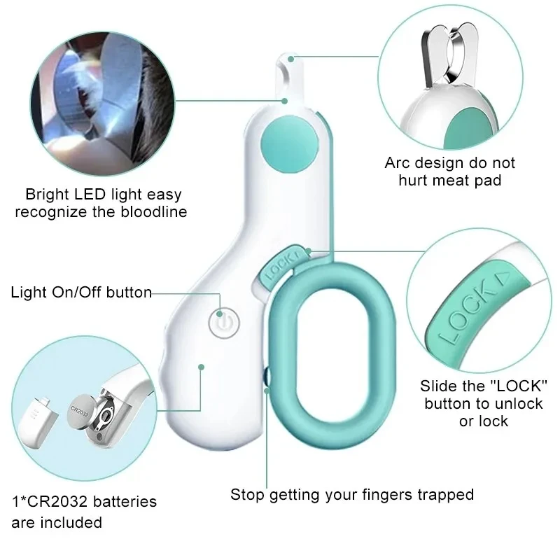 LED 조명 고양이 개 손톱깎이 커터, 안전 잠금 장치가 있는 전문 애완 동물 발톱 트리머, 강아지 새끼 고양이 동물 관리 손질 도구 키트