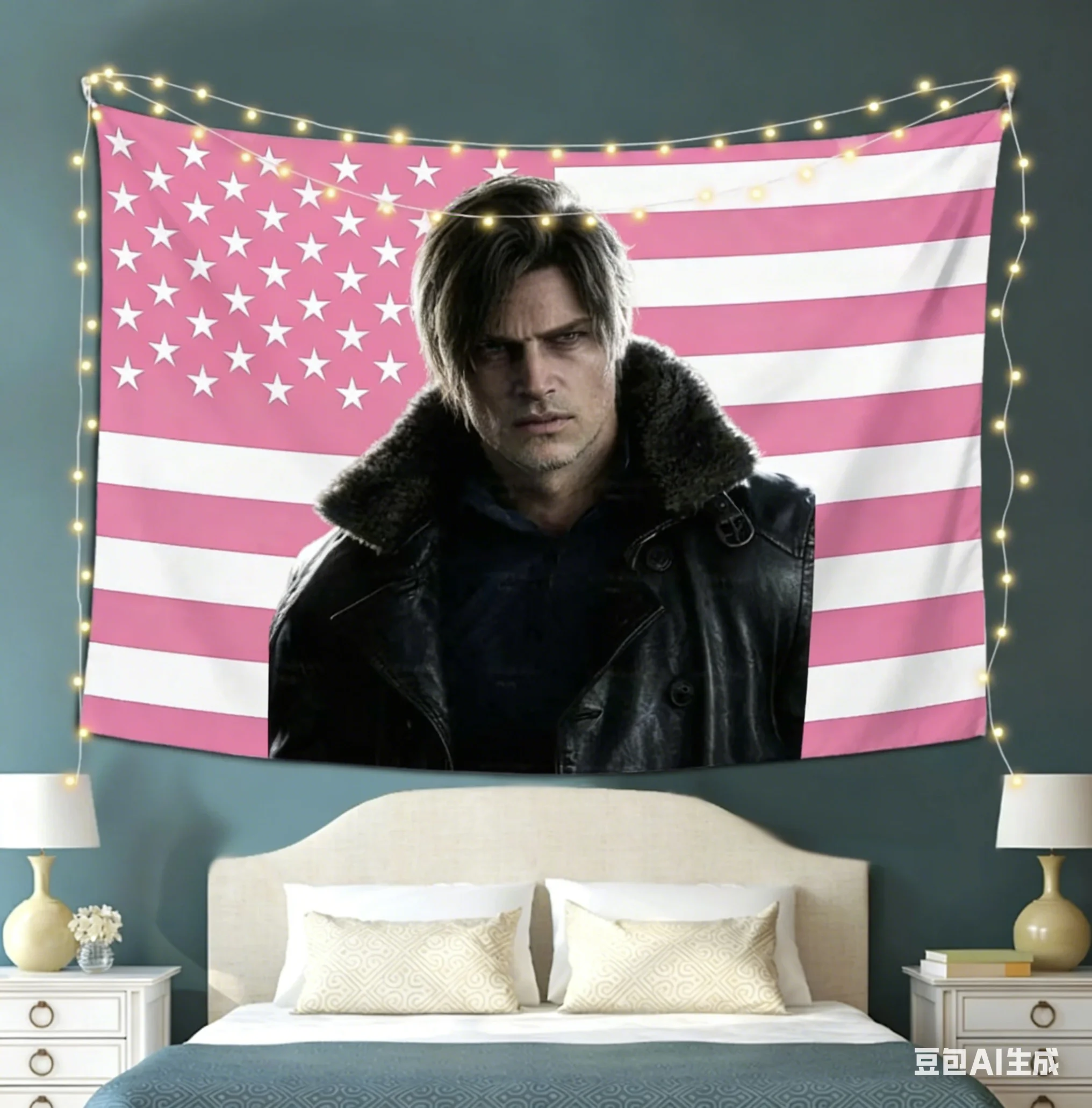 L-Leon K-Kennedy Pink USA Flag Tapestry – Wandbehang mit Spielfiguren für Schlafzimmer- und Wohnheimdekoration