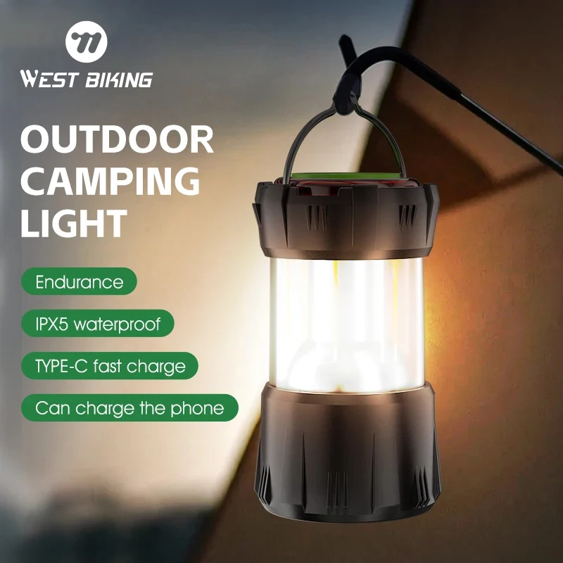 

WEST BIKING Outdoor Camping Light IPX5 Waterproof Fishing Hiking LED Portable Flashlight Power Bank Emergency Retro Tent Lamp