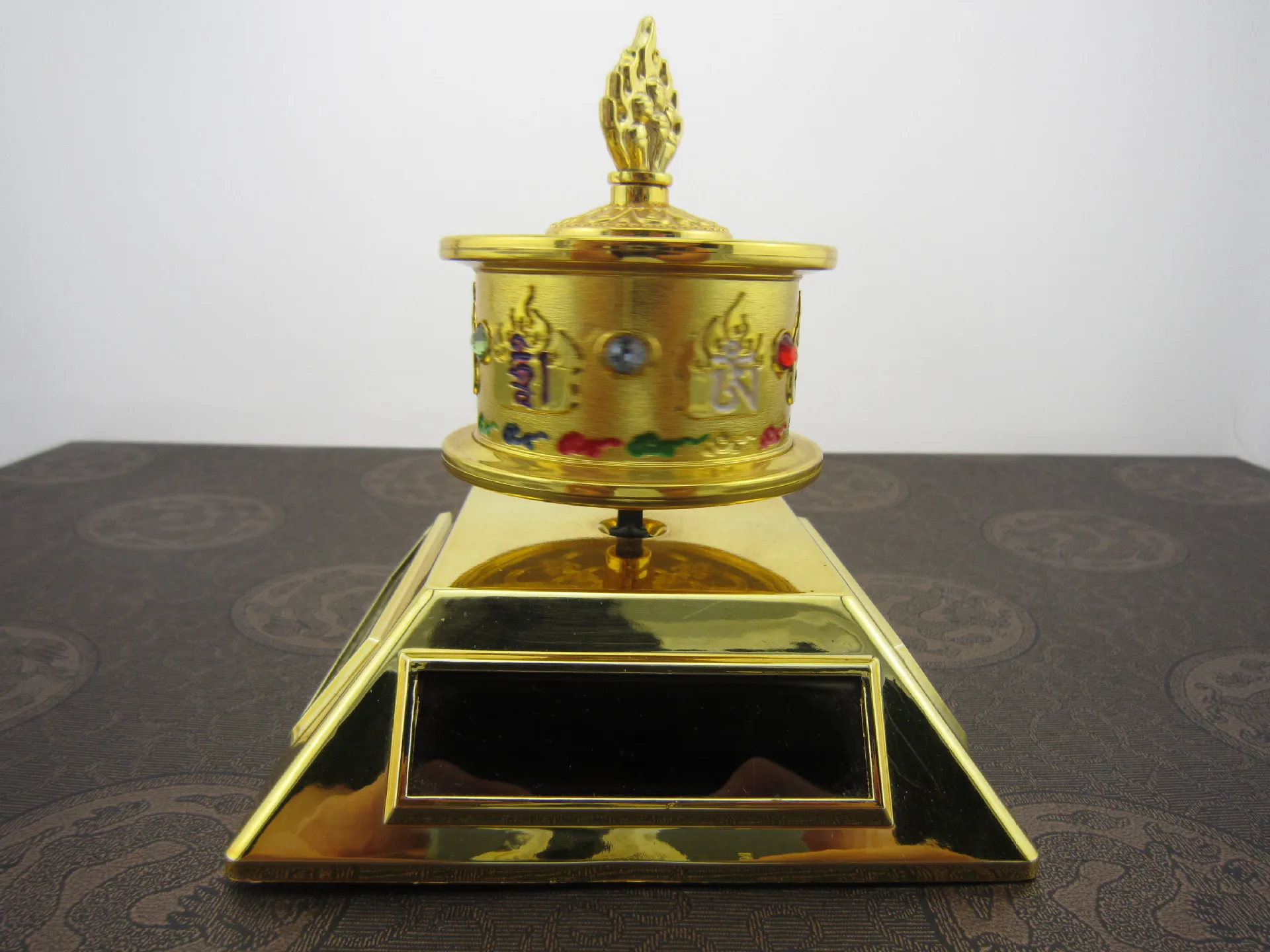 Colorful Solar Powered Prayer Wheel, Rotating Tube, Six Characters, Great Ming Mantra, Battery Dual-use, Lotus Flower Design