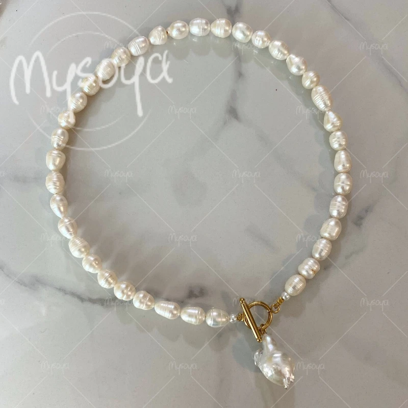 

MYSOYA 7-8mm & 11-13mm White Rice Freshwater Pearl Baroque Pearl Pendant Necklace, for Birthday/Wedding/Mother's Day Gift A0892
