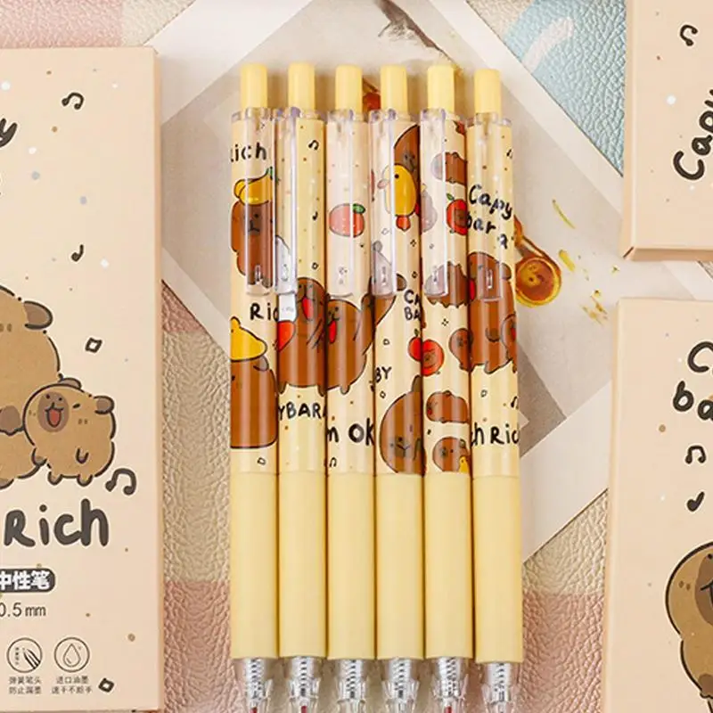Canetas de gel capivara 0.5mm, canetas retráteis de desenho animado de ponta fina 6x, canetas estéticas de aderência macia, tinta preta, novidade, canetas de animais para meninas