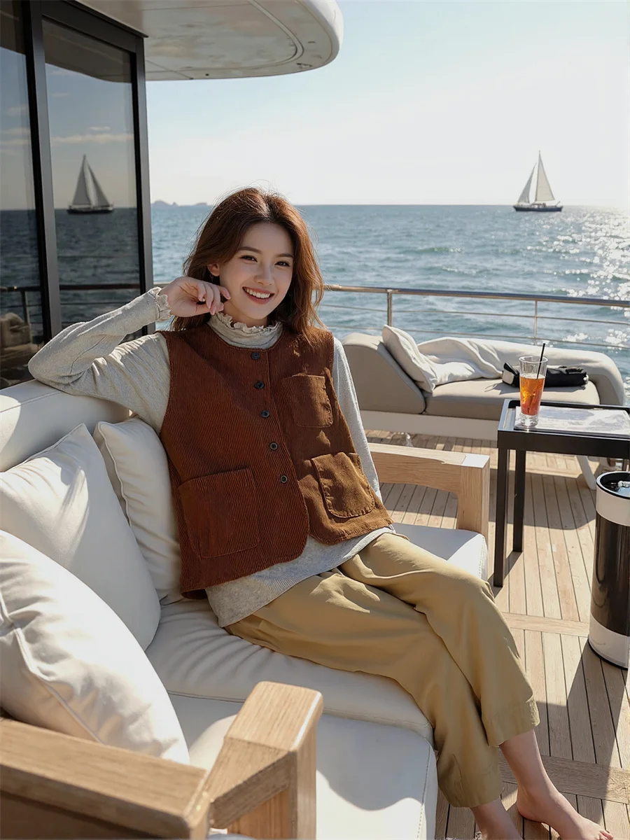 

Женские жилеты большого размера, женские коричневые, свободные, осенние, толстые, теплые, зимние, морозостойкие, без рукавов, уютные, с хлопковой подкладкой, повседневная мода