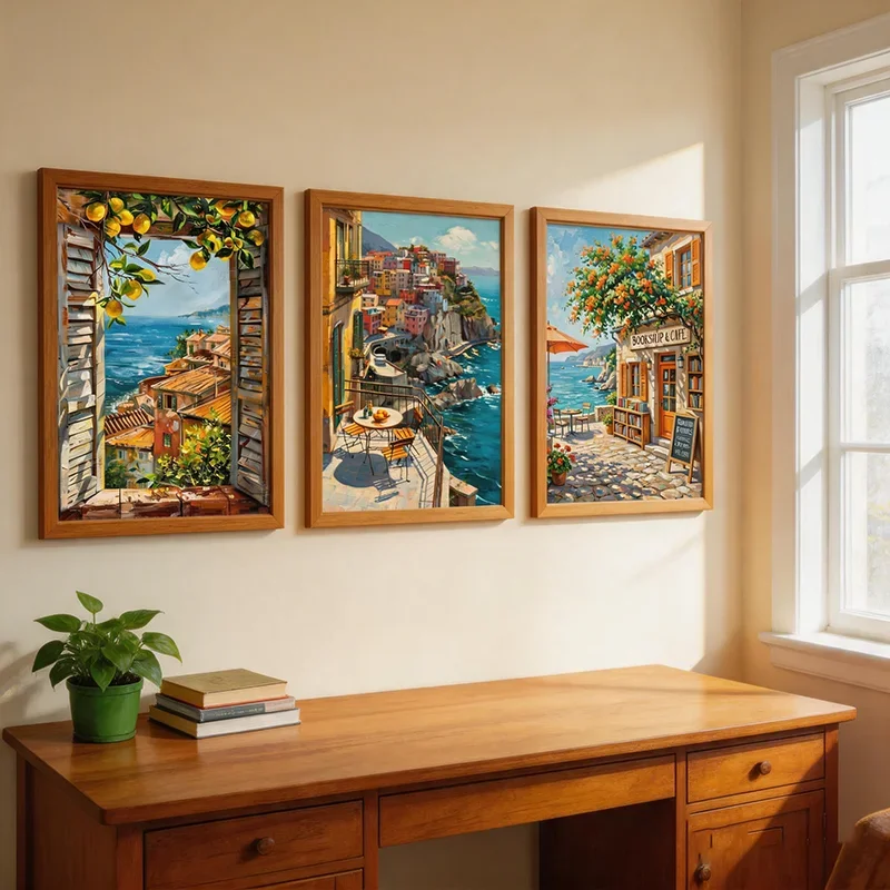 Multiple sizes 3pcs frameless Canvas Painting,3 Pieces Mediterranean Coast Oil Painting Wall Art - Modern Coastal Landscape Canv