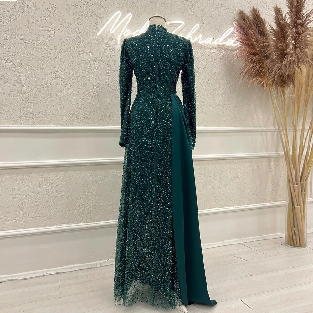 Elegant Dubai Muslim Evening Night Dress for Women 2023 High Neck Long Sleeves Ruffles Beads Formal Prom Wedding Party Gowns