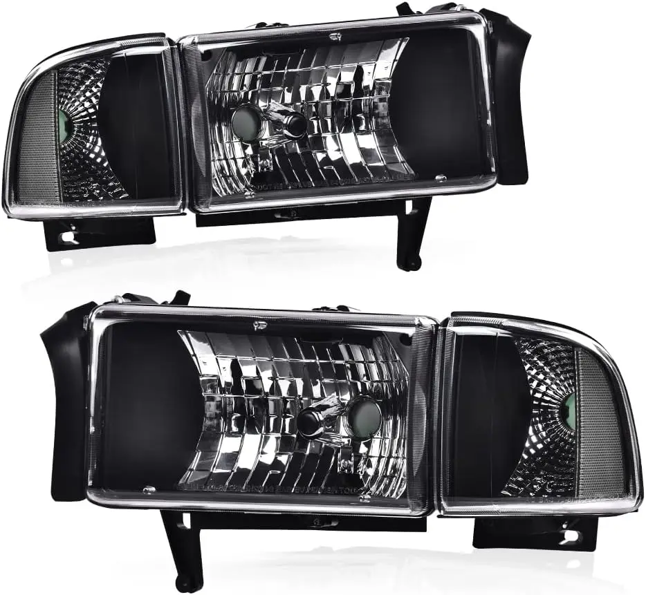 Headlights, Compatible with Dodge Ram 1500 2500 3500 1994 1995 1996 1997 1998 1999 2000 2001 2002 Black Housing Clear Corner Hea