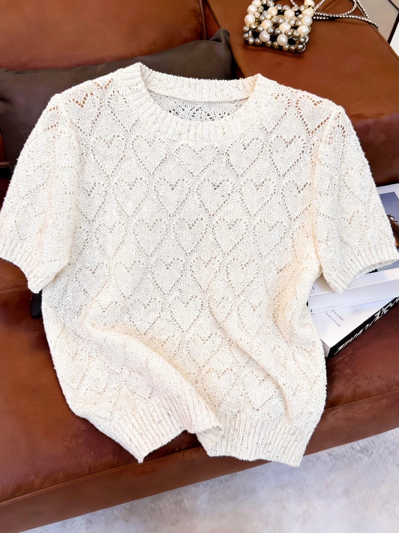 

Стильный уникальный вязаный топ с вырезом в форме сердца, женская повседневная рубашка с короткими рукавами для повседневной носки