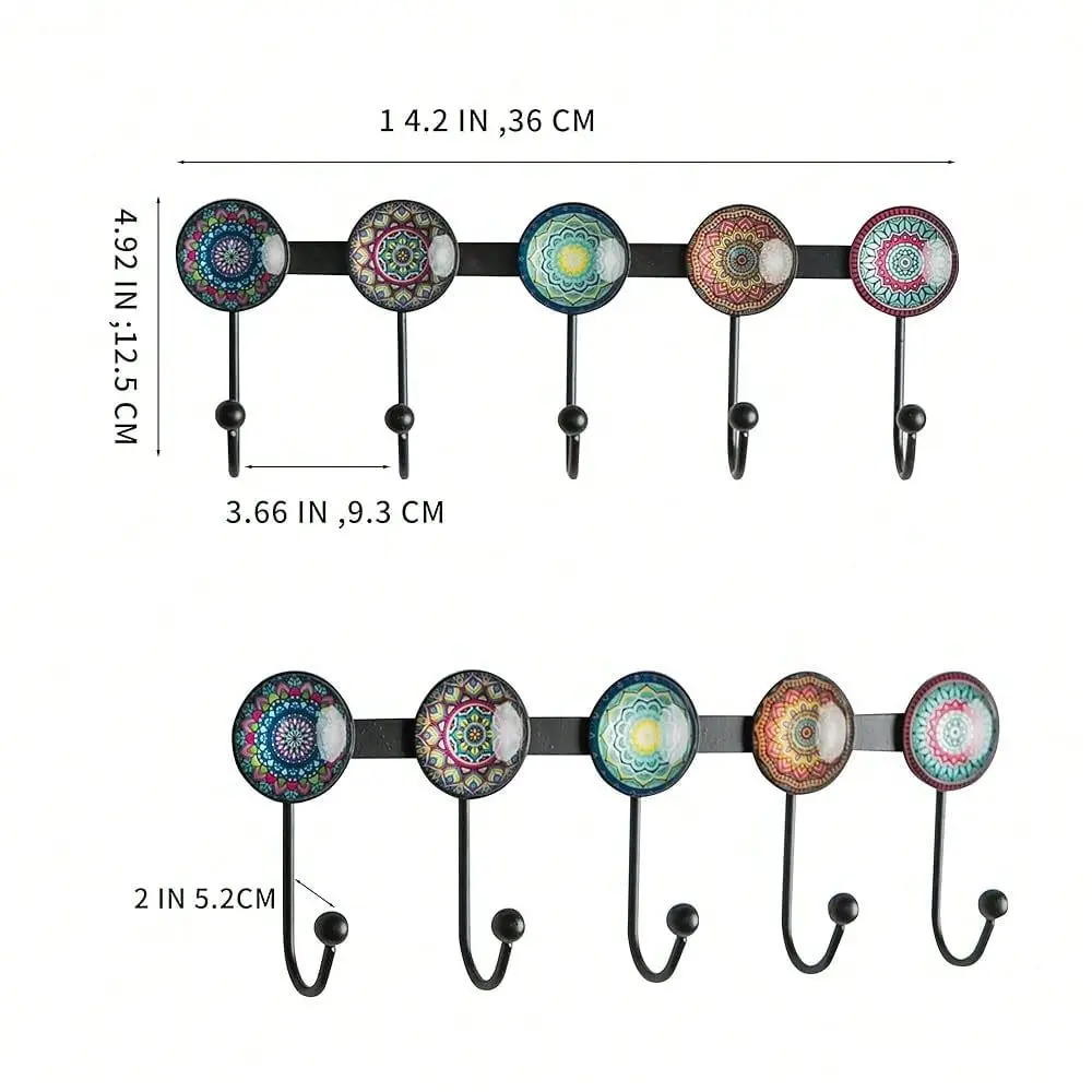 

Coat Rack Wall Mounted With 5 Hooks, MultiColor Mandala Pattern Decorative Wall Hooks For Hanging Hat, Key, Towel, Purse, Bag,