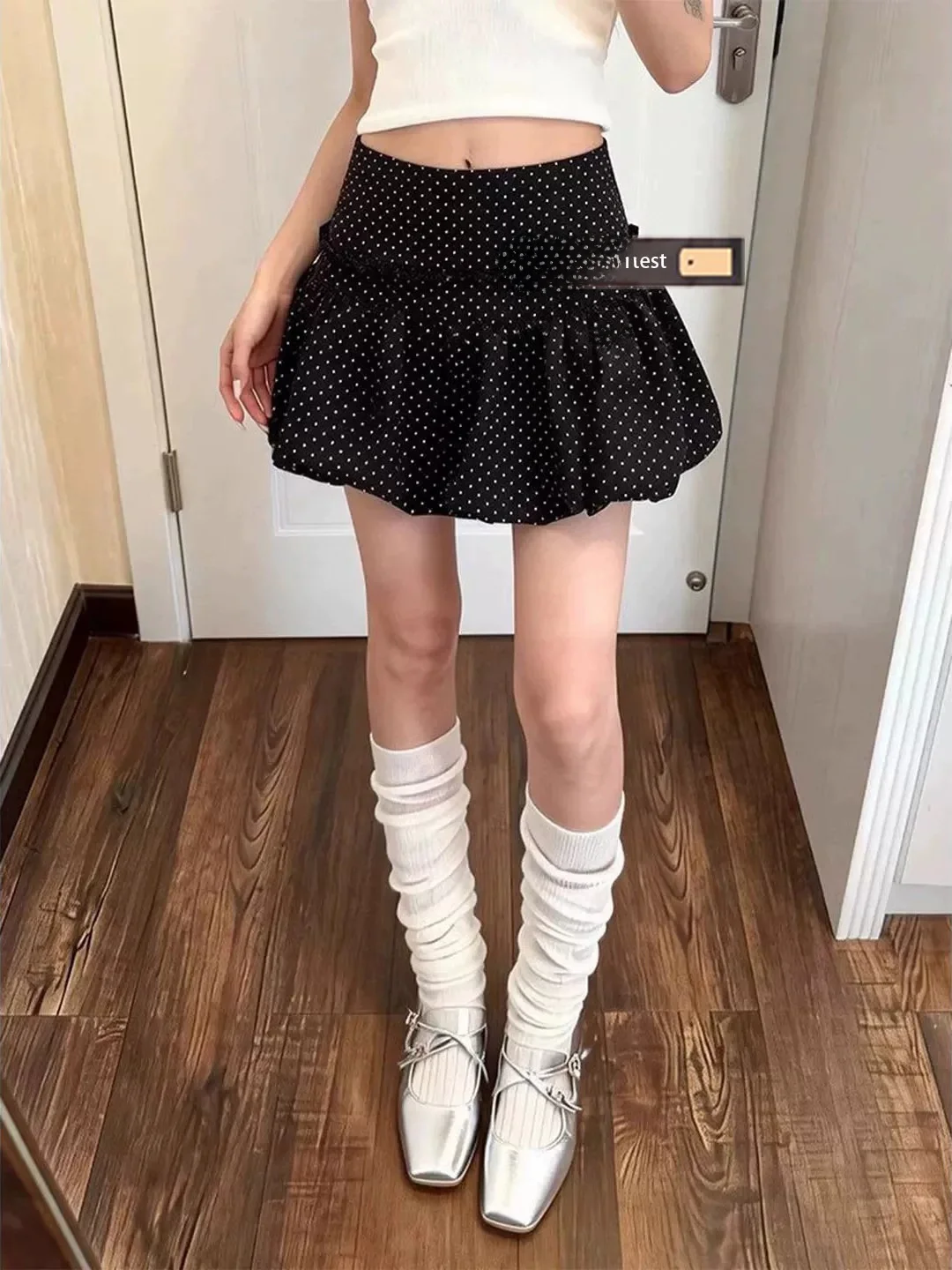 Black Polka Dot Flower Bud Skirt Short Women's Slim Fit A-Line Half Skirt Puffy Lantern Skirt Pants Summer Vintage Style
