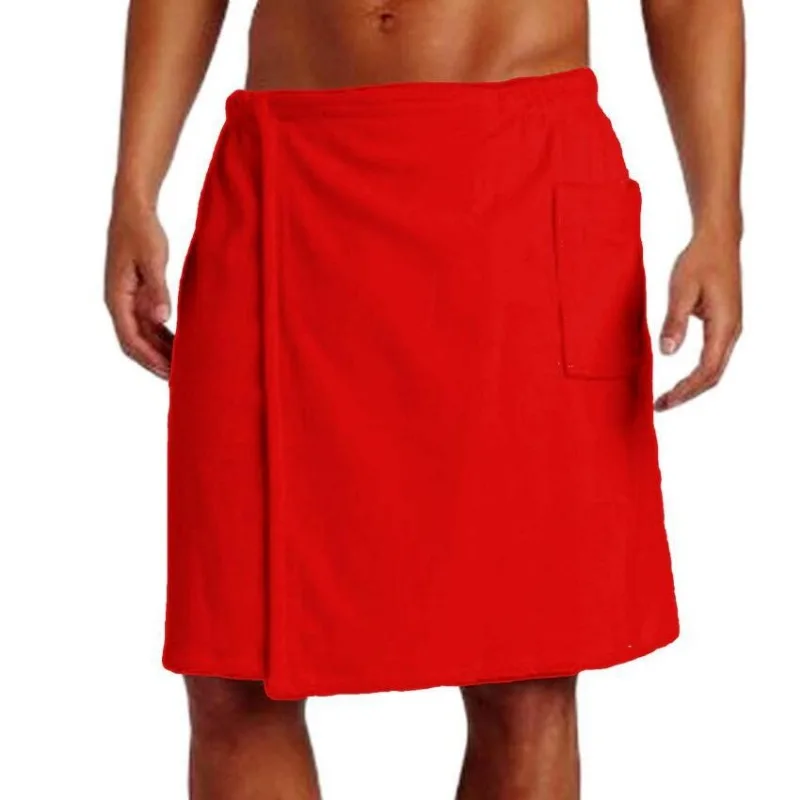 Mens Male Bathhouse Shower Room Elastic Waistband Bathing Towel with Pocket Beach Home Bathing Skirt Coral Fleece Bath Skirt